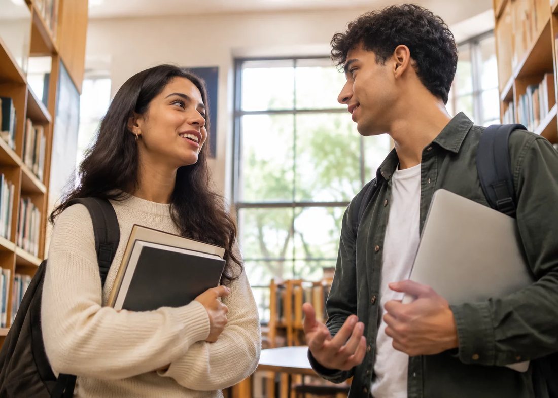 Participantes conversando em pé no corredor entre estantes de livros altas